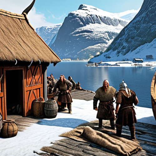 **

A bustling Viking trading post on a Scandinavian fjord. Longships are docked, filled with furs, amber, and slaves. Vikings in detailed clothing haggle with medieval merchants bartering with cloth and iron goods. In the background, snow-capped mountains and wooden Viking houses can be seen. The style is realistic, with a focus on historical accuracy and vibrant colors.

**