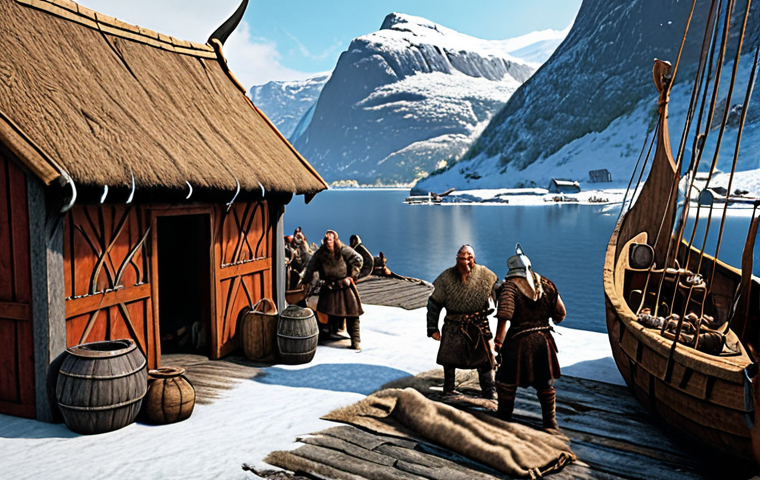 **
A bustling Viking trading post on a Scandinavian fjord. Longships are docked, filled with furs, amber, and slaves. Vikings in detailed clothing haggle with medieval merchants bartering with cloth and iron goods. In the background, snow-capped mountains and wooden Viking houses can be seen. The style is realistic, with a focus on historical accuracy and vibrant colors.
**